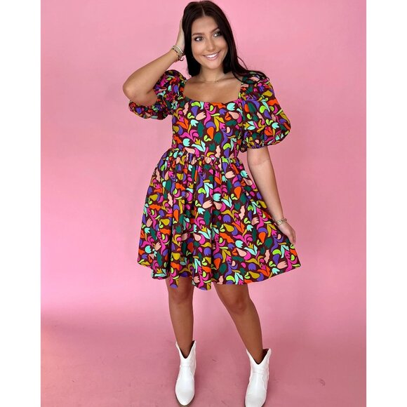 IMPRESSIONS Plus Size Babydoll Printed Colorful Puff Sleeve Brown Dress size 3X - Picture 1 of 15